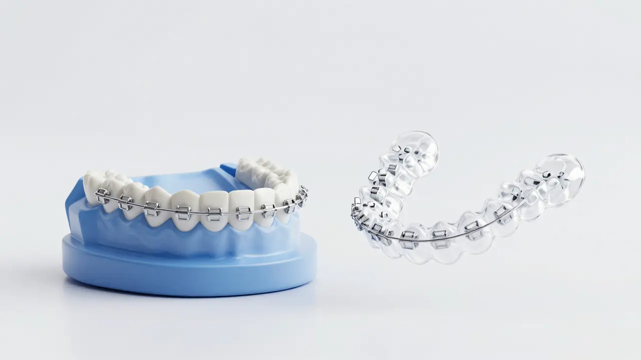 Srovnání klasických kovových závorek a průhledných alignerů.