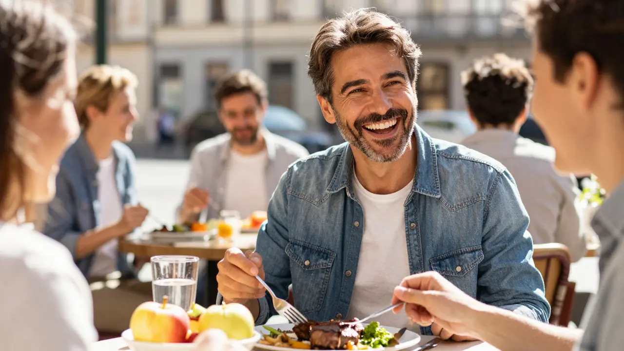 Šťastný člověk se širokým úsměvem užívá jídlo v slunné kavárně.