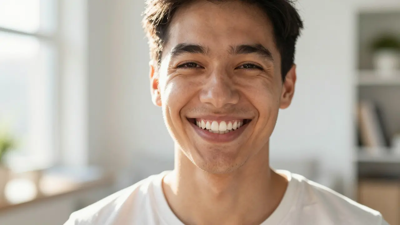 Zavřený detail šťastného člověka s přirozeným a bílým úsměvem.