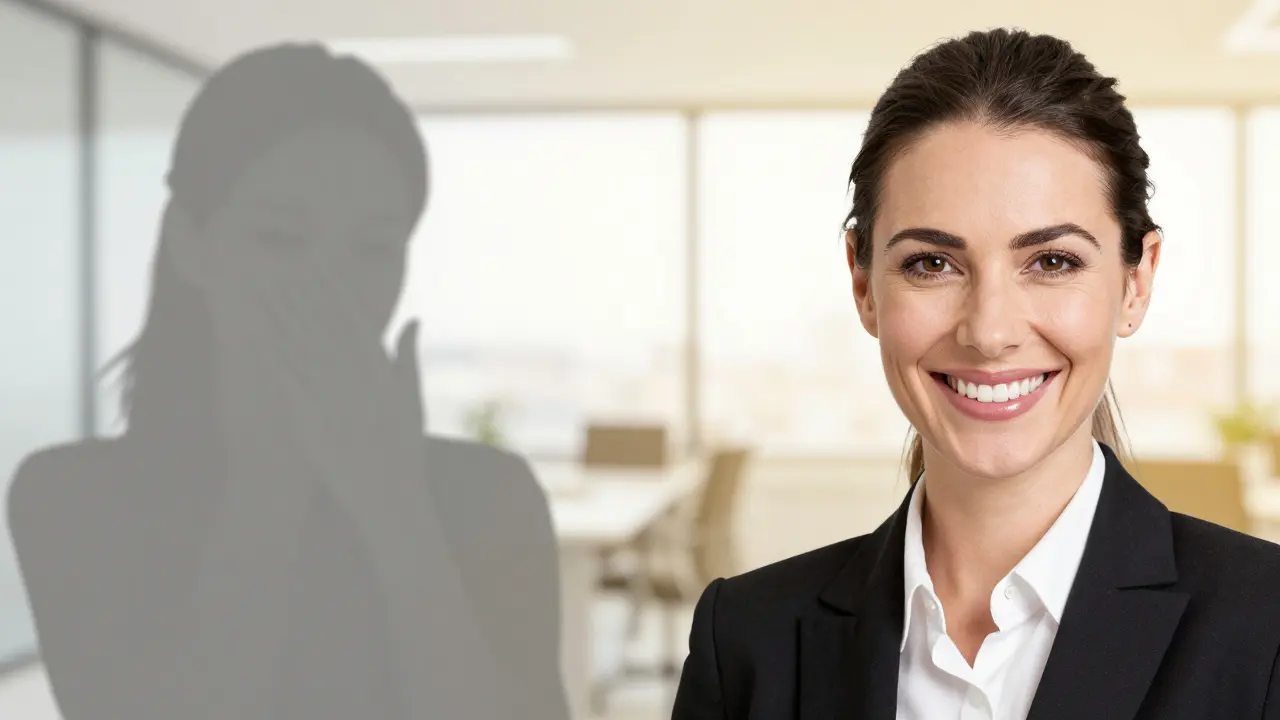 Změna z nejistoty k sebevědomému úsměvu profesionálně vypadajícího člověka.