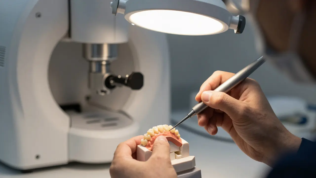 Zubní technik precizně dokončuje povrch keramické korunky