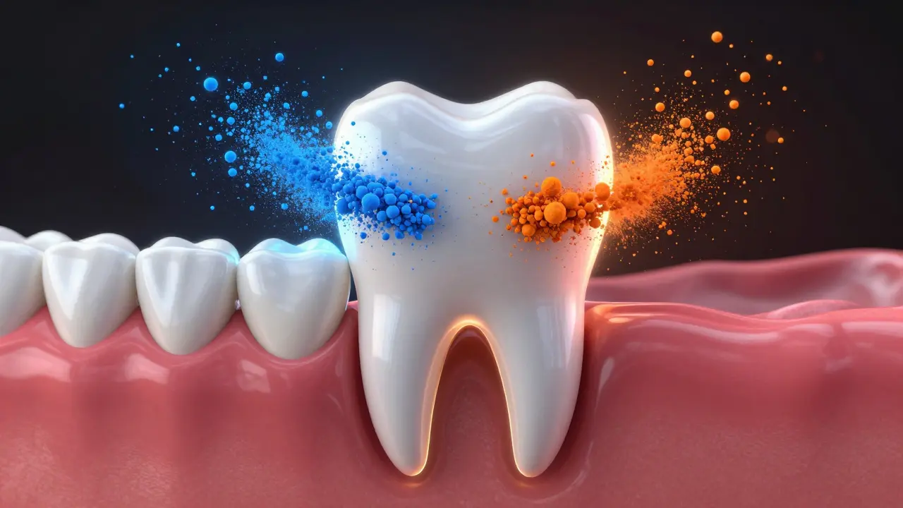 3D ilustrace zubu s abrazivními částicemi a fluoridem