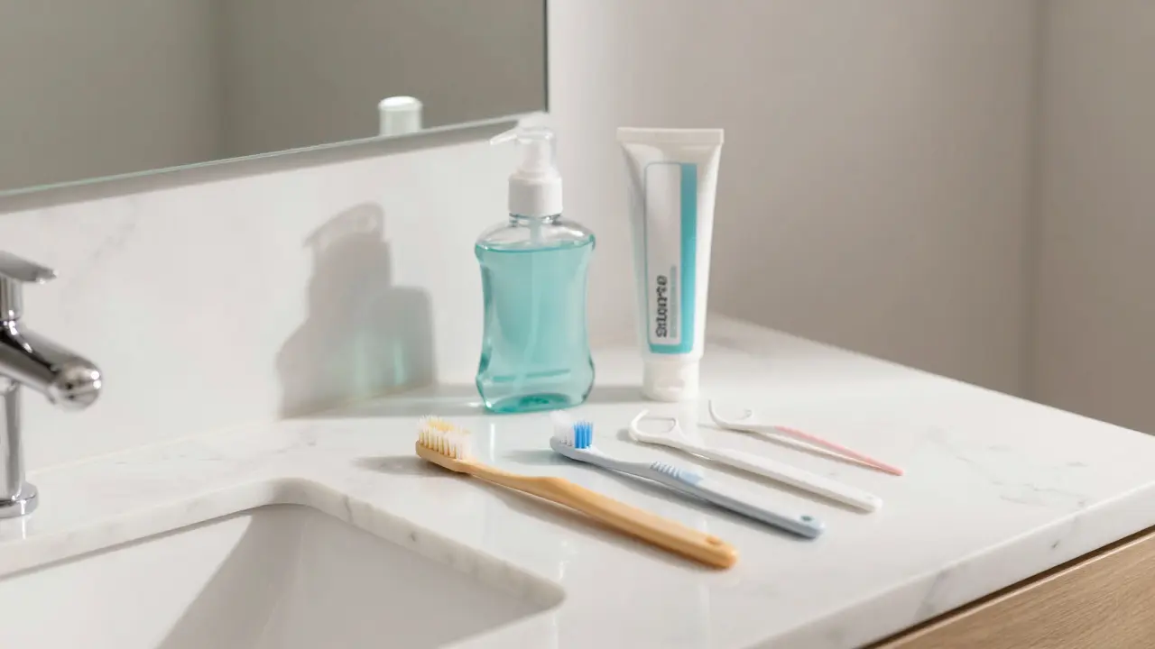 Hygienické pomůcky jako kartáček a mezizubní kartáčky na pultu.