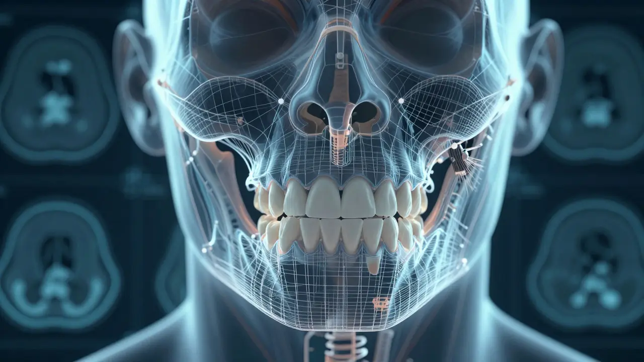 Konceptuální ilustrace spojující anatomii čelisti s chirurgickými šablonami a technologií.