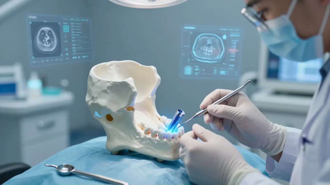 Konceptuální vizualizace přesného umístění titanového implantátu do čelisti pomocí moderní technologie.