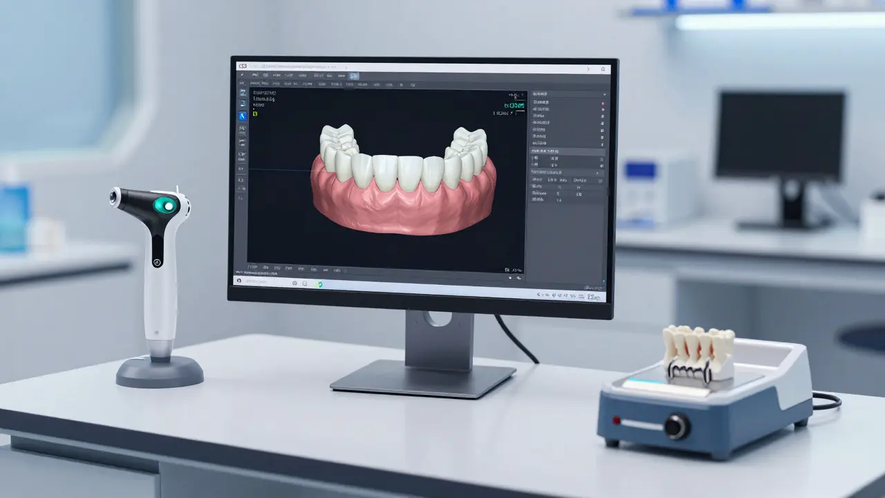 Moderní laboratoř s CAD/CAM softwarem a digitálním skenerem pro výrobu korunek.