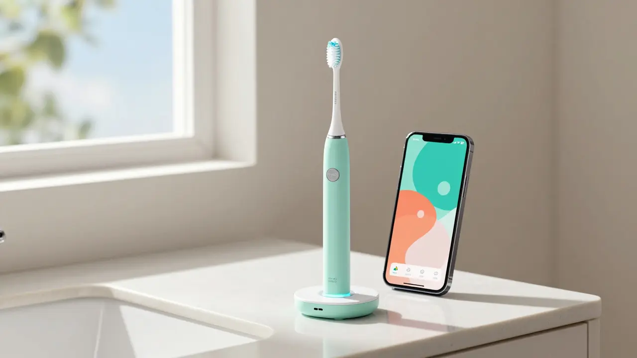 Sonický kartáček na stojanu s aplikací pro hygienu