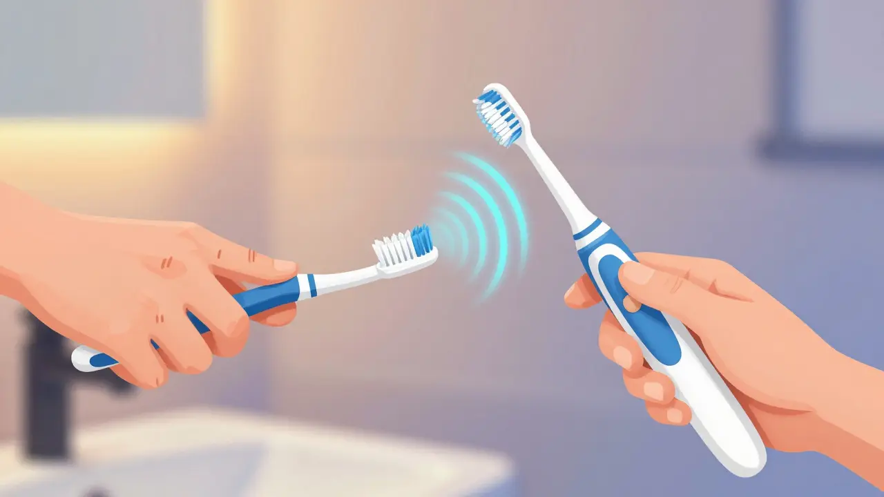 Srovnání ručního a elektrického čištění zubů v ilustraci