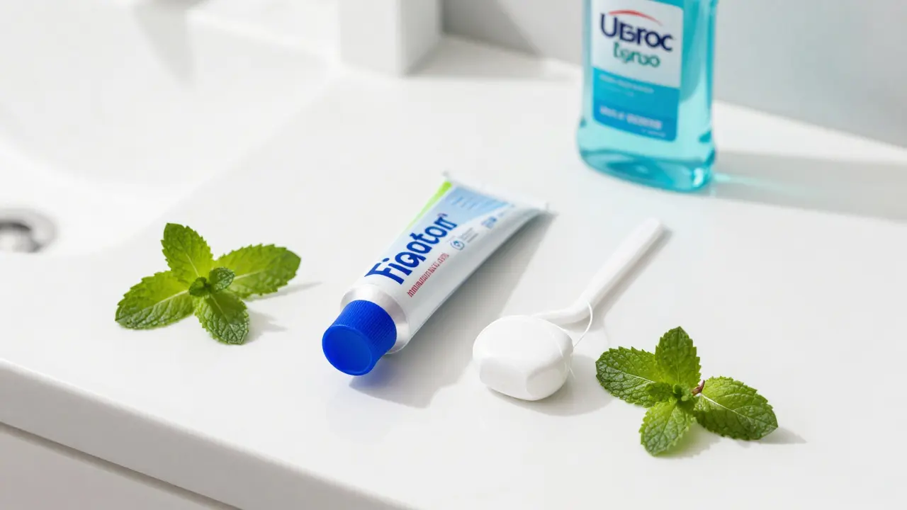 Hygienické potřeby jako pasta, nit a ústní voda pro prevenci kazu