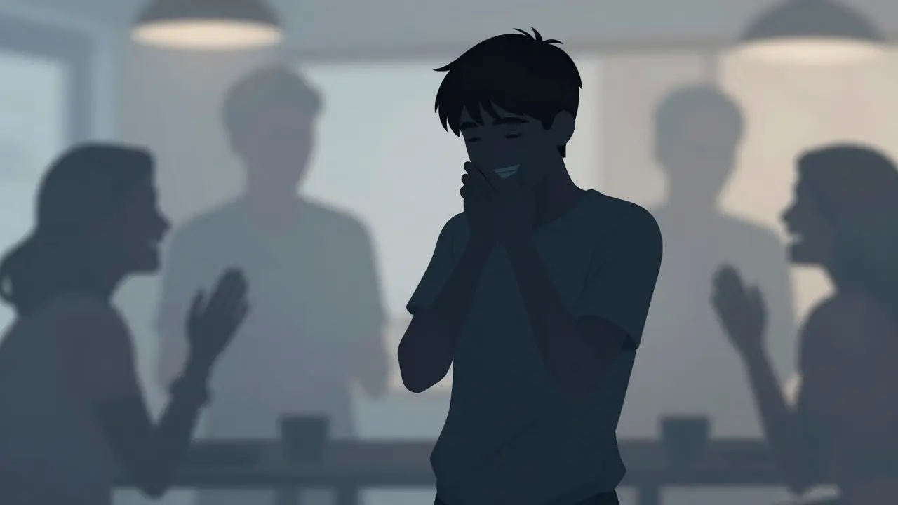 Ilustrace osamělého teenagera schovávajícího úsměv před ostatními