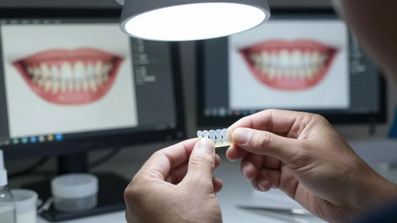 Zubní technik vyrábí porcelánové fazety v laboratoři