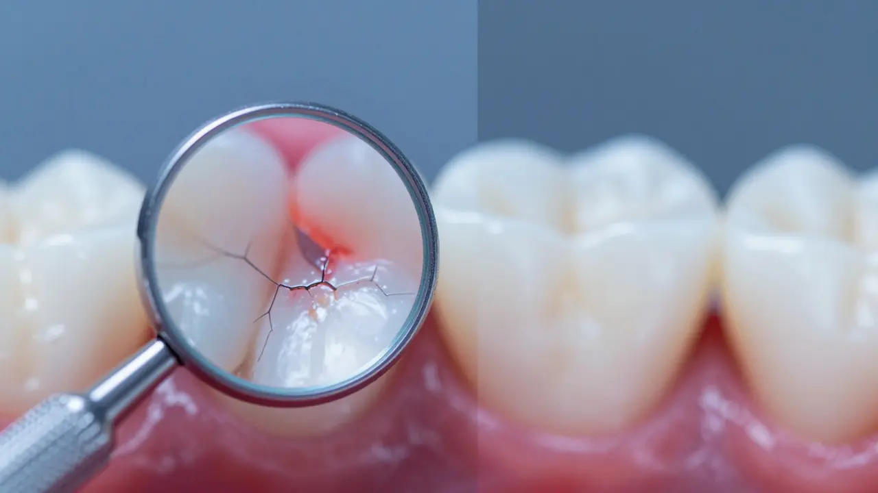 Detail trhliny na zubu viditelný pouze přes zrcátko