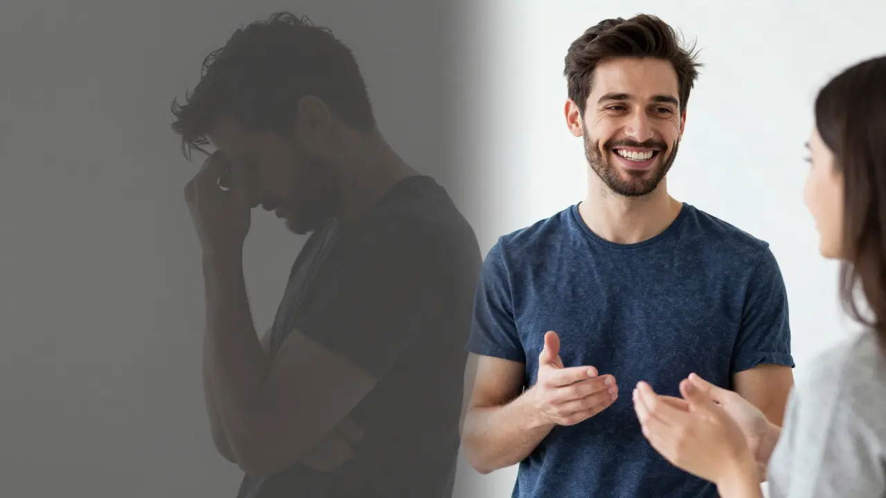 Kontrast mezi nejistotou bez zubů a životem s implantáty a úsměvem.