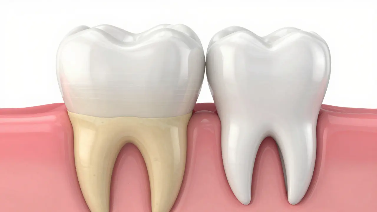 Makro záběr anatomie zubu ukazující poloprůhledný email a žlutý dentin