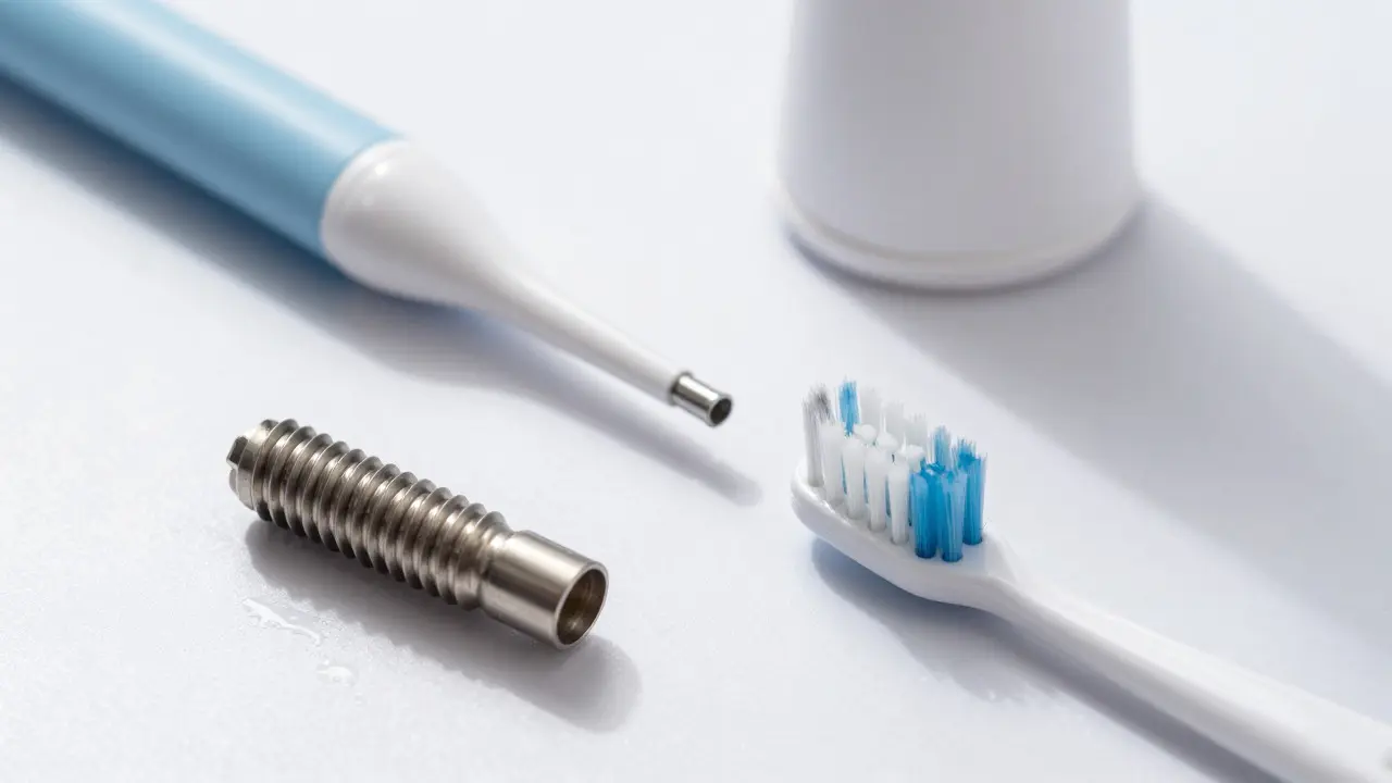 Nástroje na čištění implantátů: mezizubní kartáčky a vodní flosser