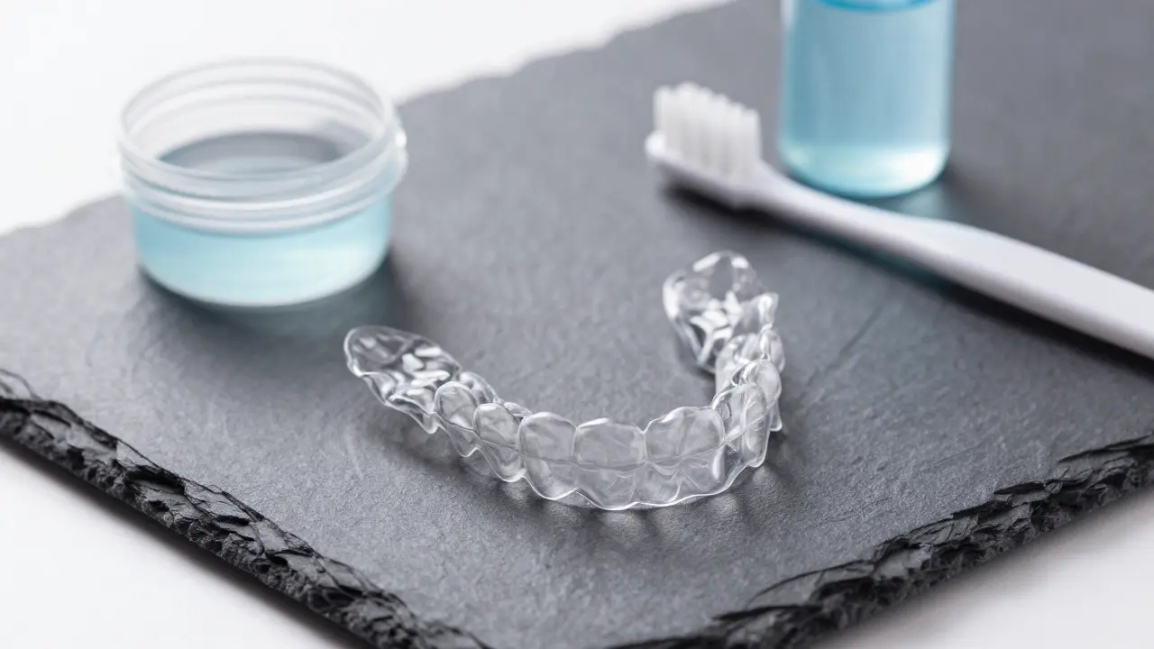 Transparentní náplasti na tmavém povrchu s hygienickými pomůckami