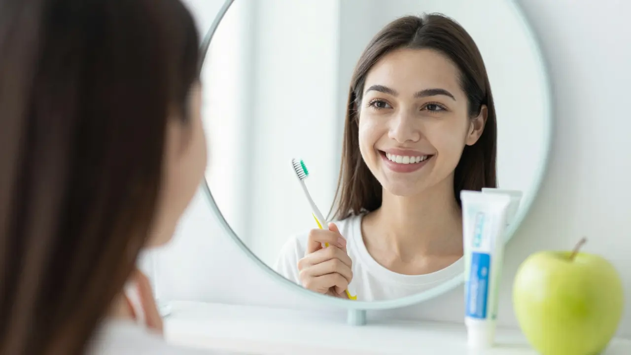Zrcadlo odrážející zářivý úsměv s hygienickými potřebami pro péči o zuby