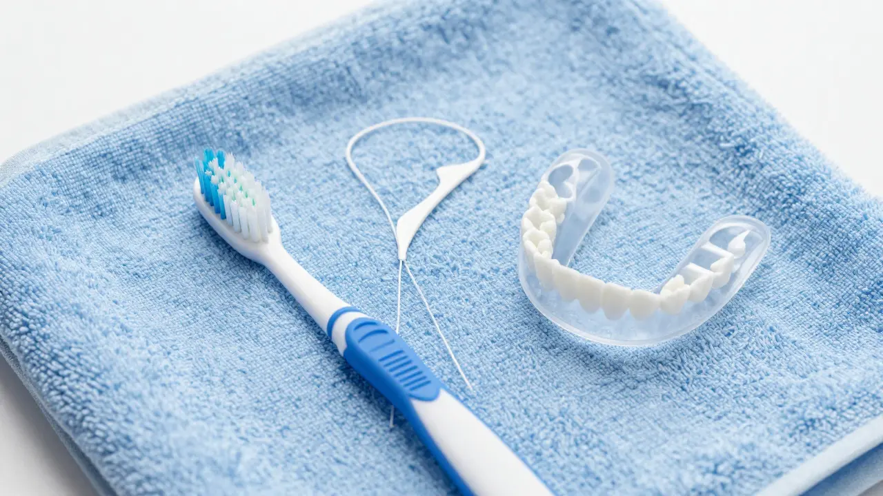 Zubní kartáček, nitka a noční chránička na ručníku pro prevenci