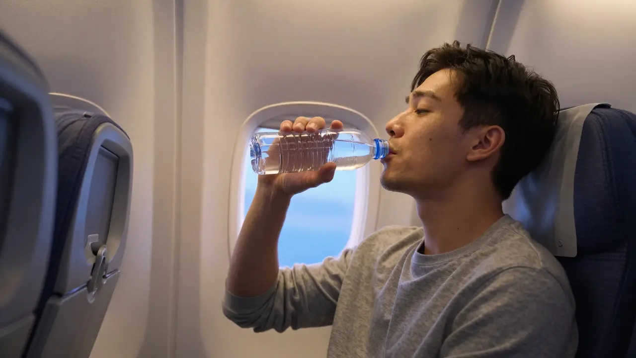 Cestující v letadle pije vodu, aby si udržel hydrataci během letu