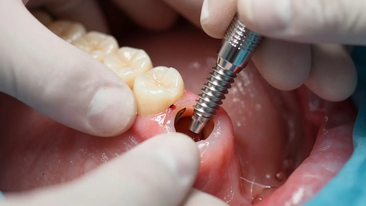Close-up of a titanium dental implant being surgically placed in the jawbone