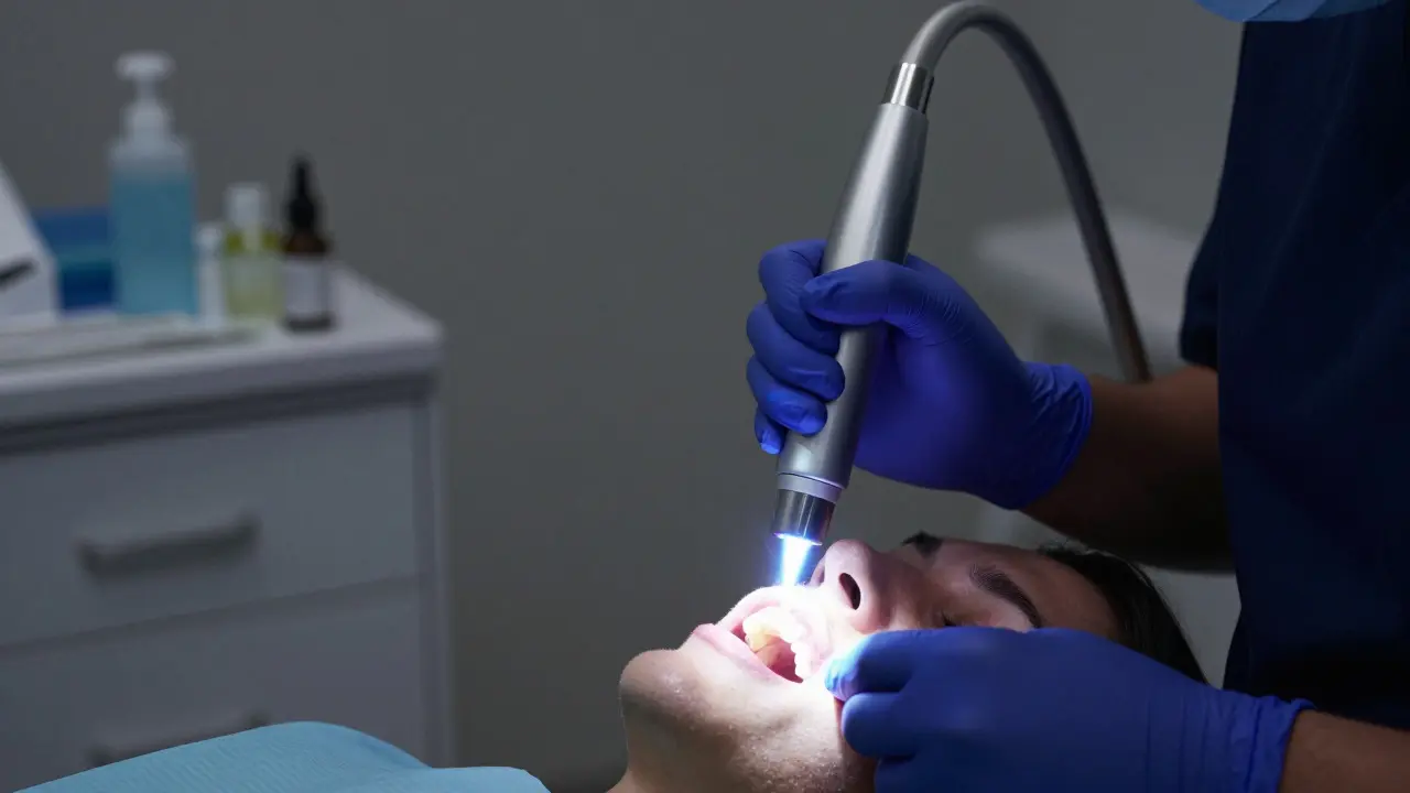 Dentist using a laser device on patient's teeth during treatment