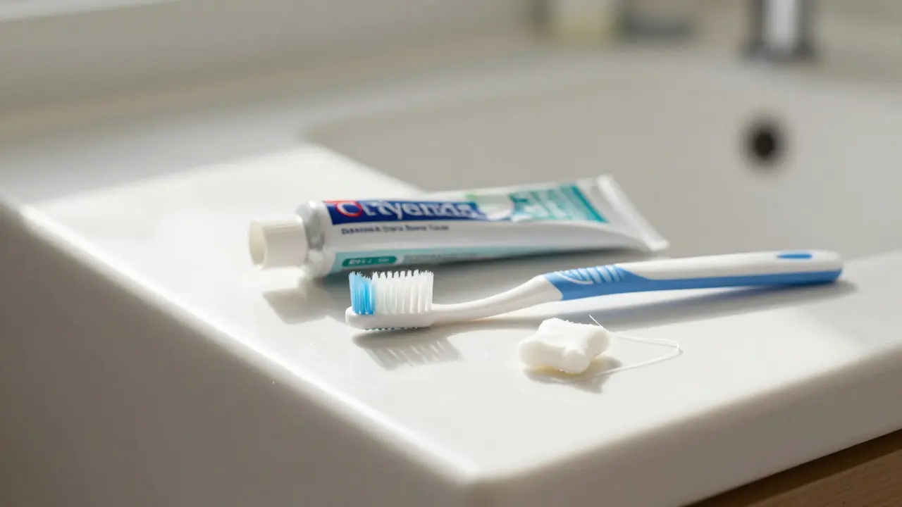 Hygienické potřeby pro prevenci kazu na umyvadle ve světle