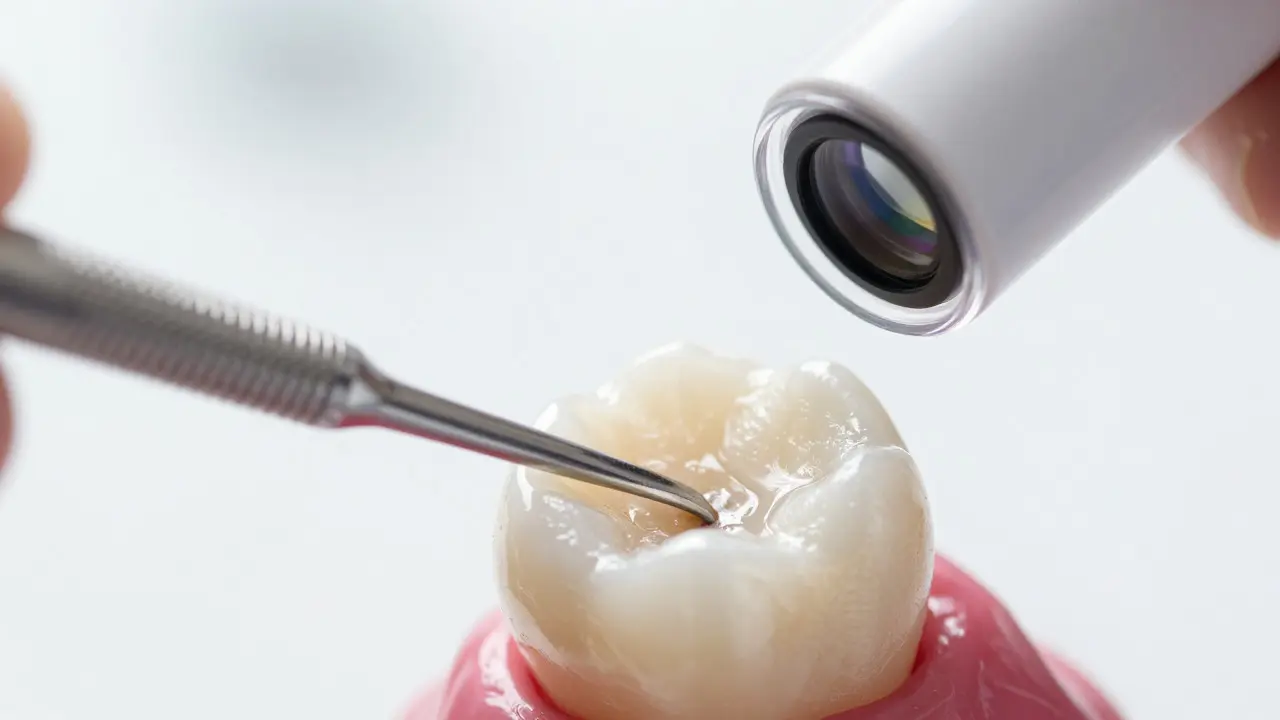 Makro záběr na ruční čištění zubů kuretou během dentální hygieny