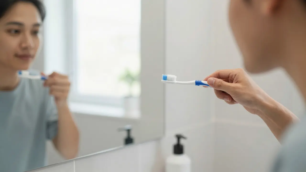 Osoba jemně čistící zuby kartáčkem pod úhlem 45 stupňů v koupelně