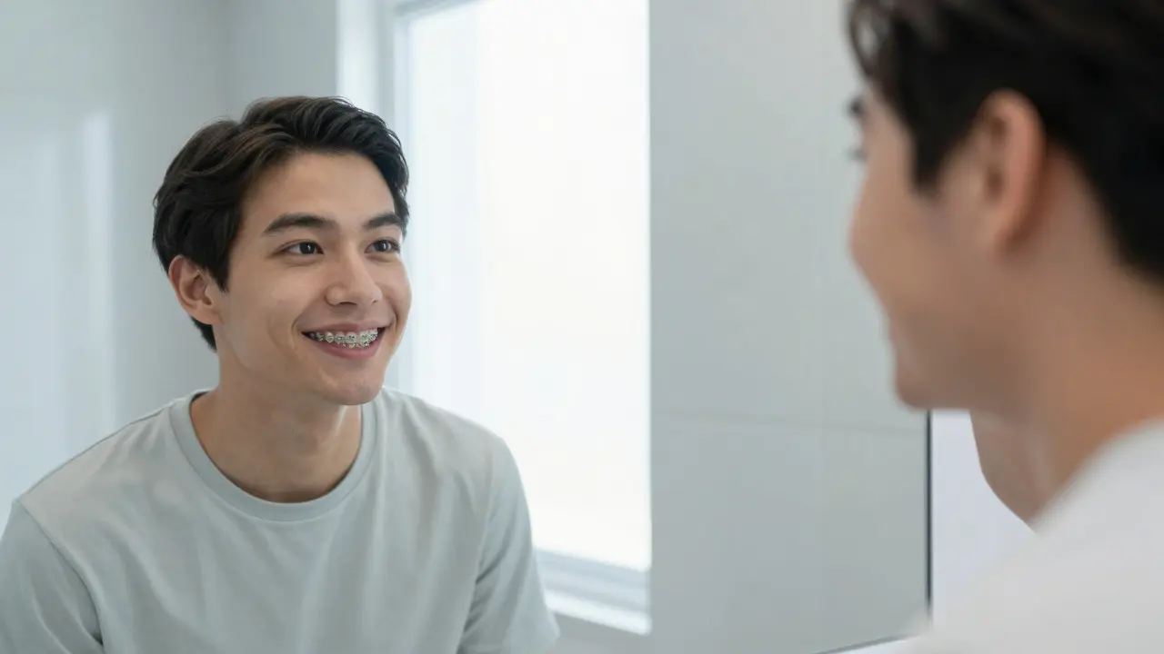 Person smiling in mirror with discreet clear orthodontic braces