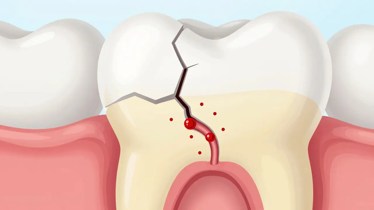 Schematický řez zubem ukazující poškozenou sklovinu a vstup bakterií do dentinu
