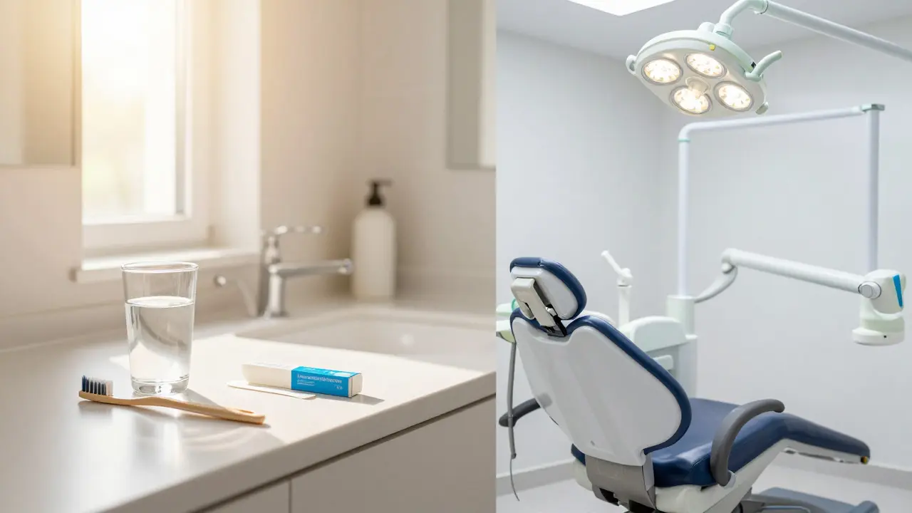 Split image showing home whitening kit and dental laser chair