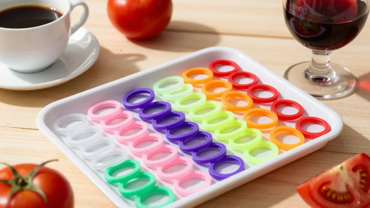 Tray of colored orthodontic rings next to coffee and red wine