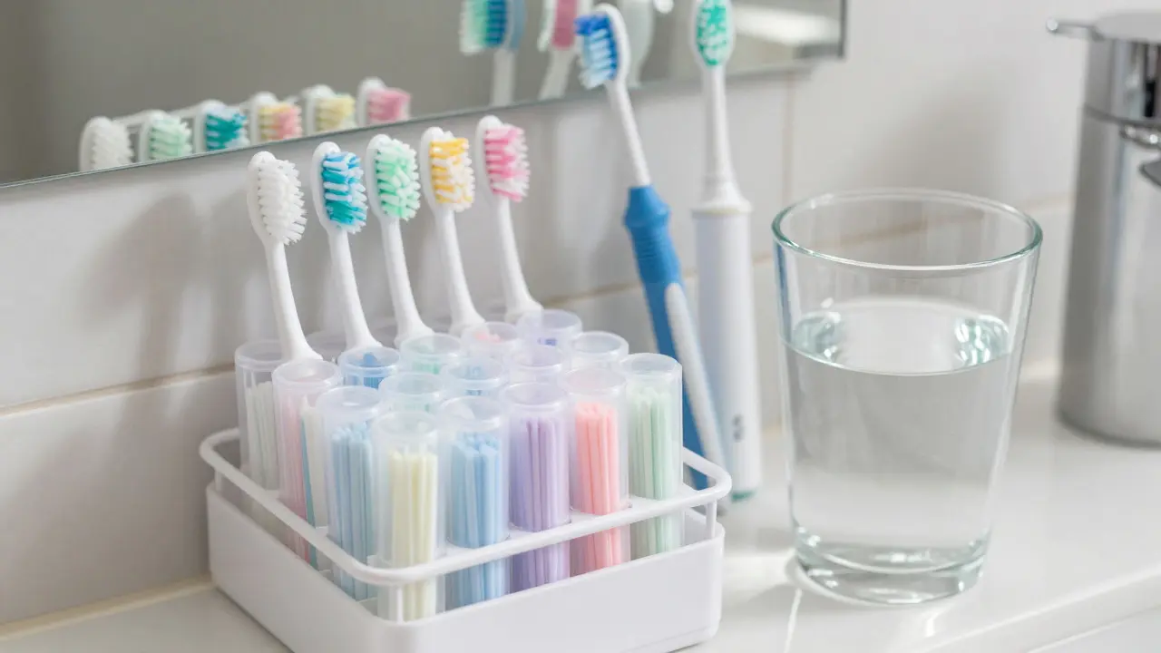 Uskladněné mezizubní kartáčky v ochranných čepičkách pro hygienu.