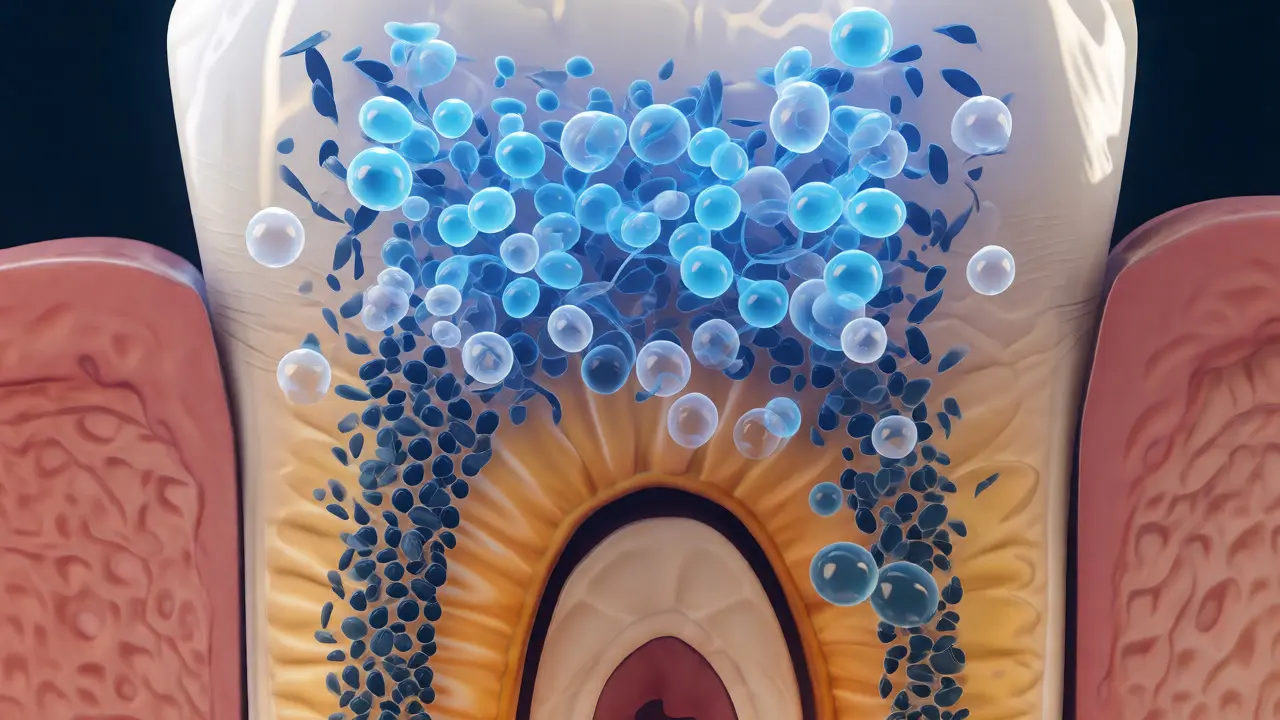 3D ilustrace průniku bělicích látek do struktury zubu