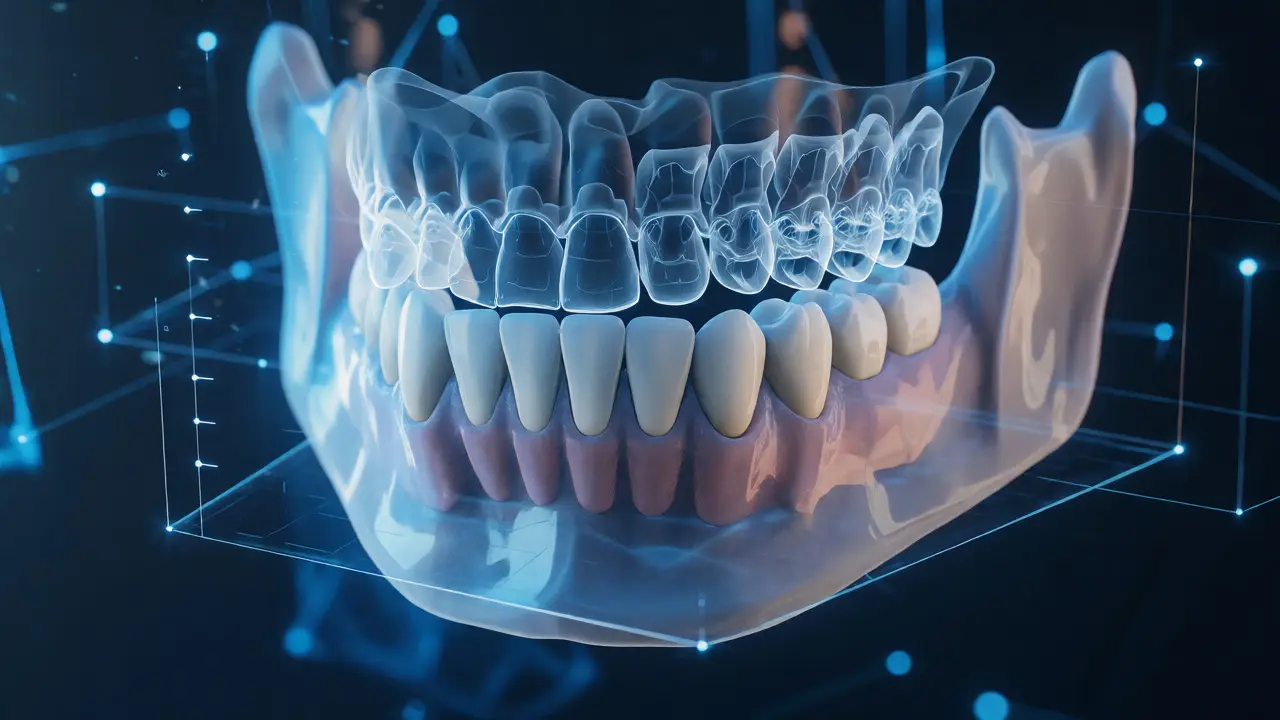 3D vizualizace pohybu zubů pomocí digitálního modelu čelisti a průsvitných dlah.