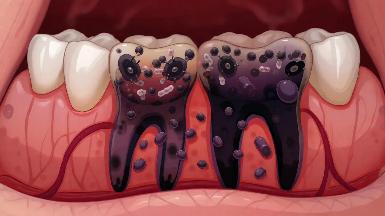 Ilustrace tvorby černého kamene v důsledku hormonálních změn v ústech