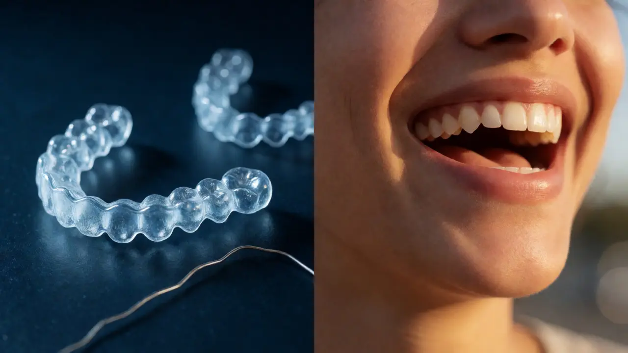 Konceptuální snímek kombinující ortodontické pomůcky a radostný úsměv bez zábran.