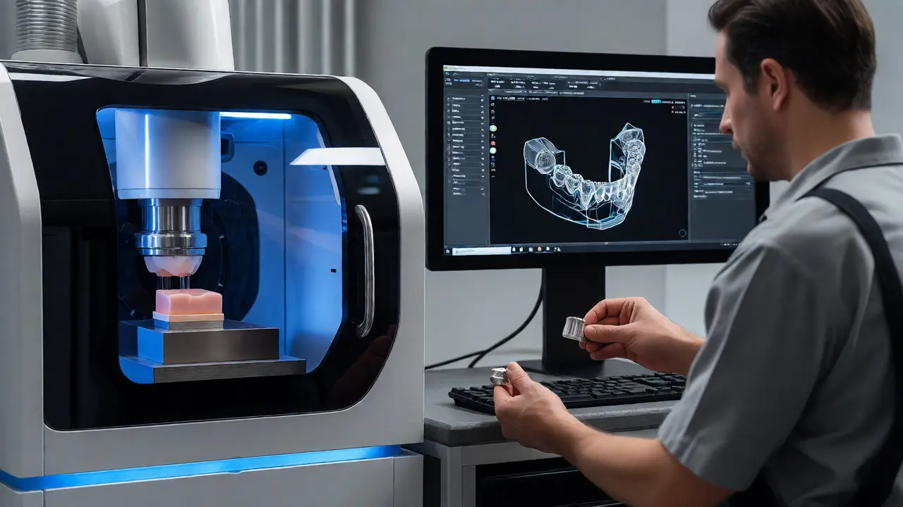 Technik pracující s moderním CAD/CAM systémem a frézovaným titanovým komponentem.