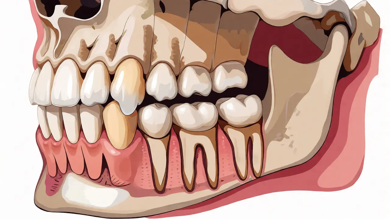 Anatomický řez čelistí zobrazující různé typy zubů a jejich kořeny.