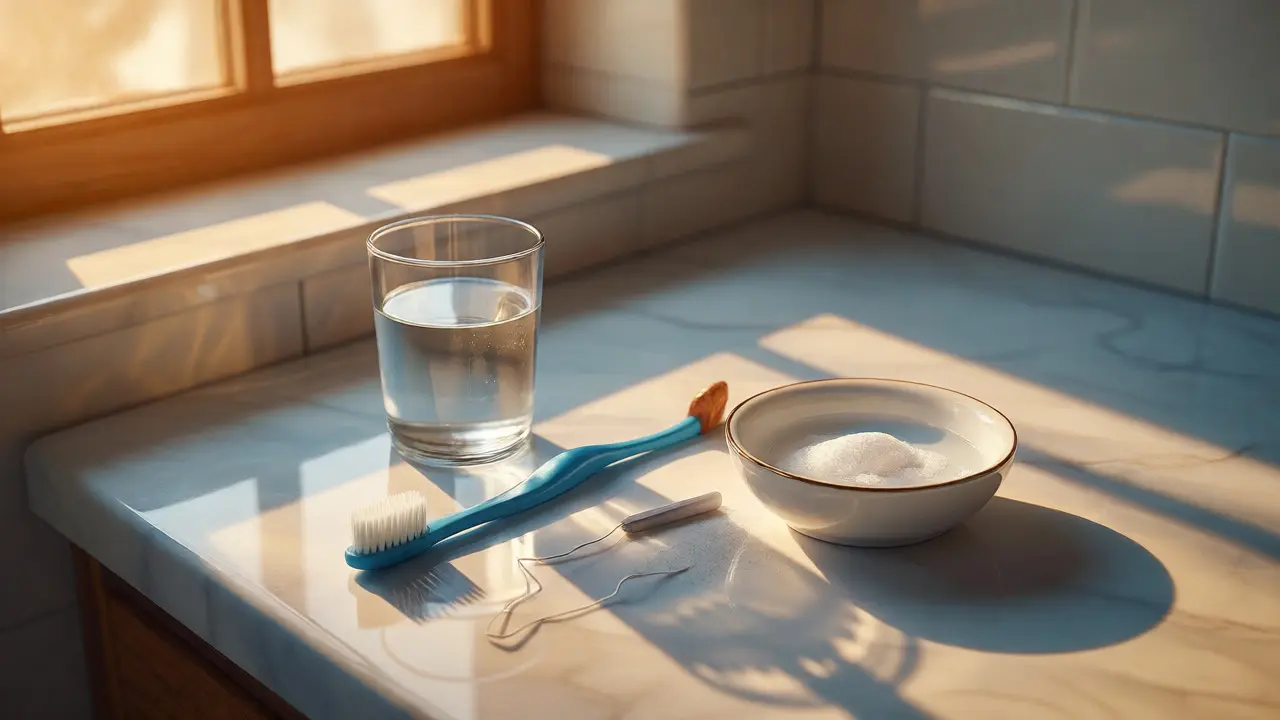 Dentální hygiena: kartáček, nit a voda na umyvadle