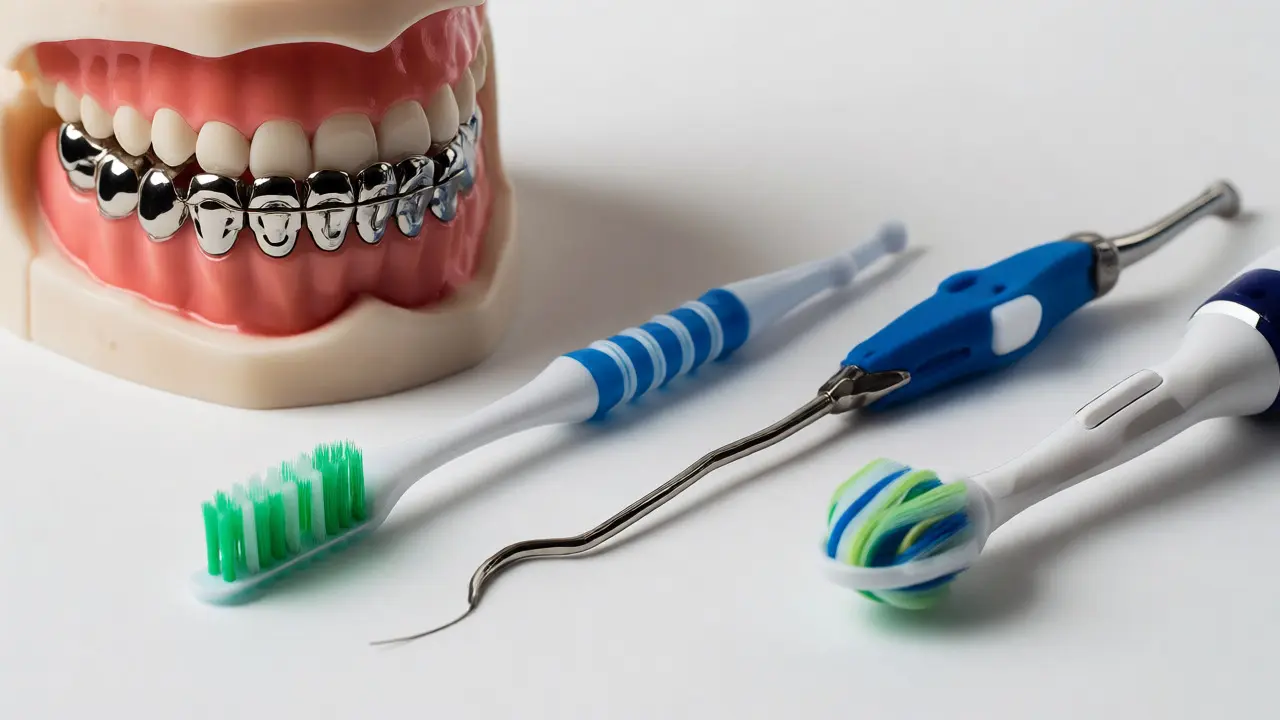 Hygienické pomůcky pro čištění fixního retainera: mezizubní kartáček a nit.