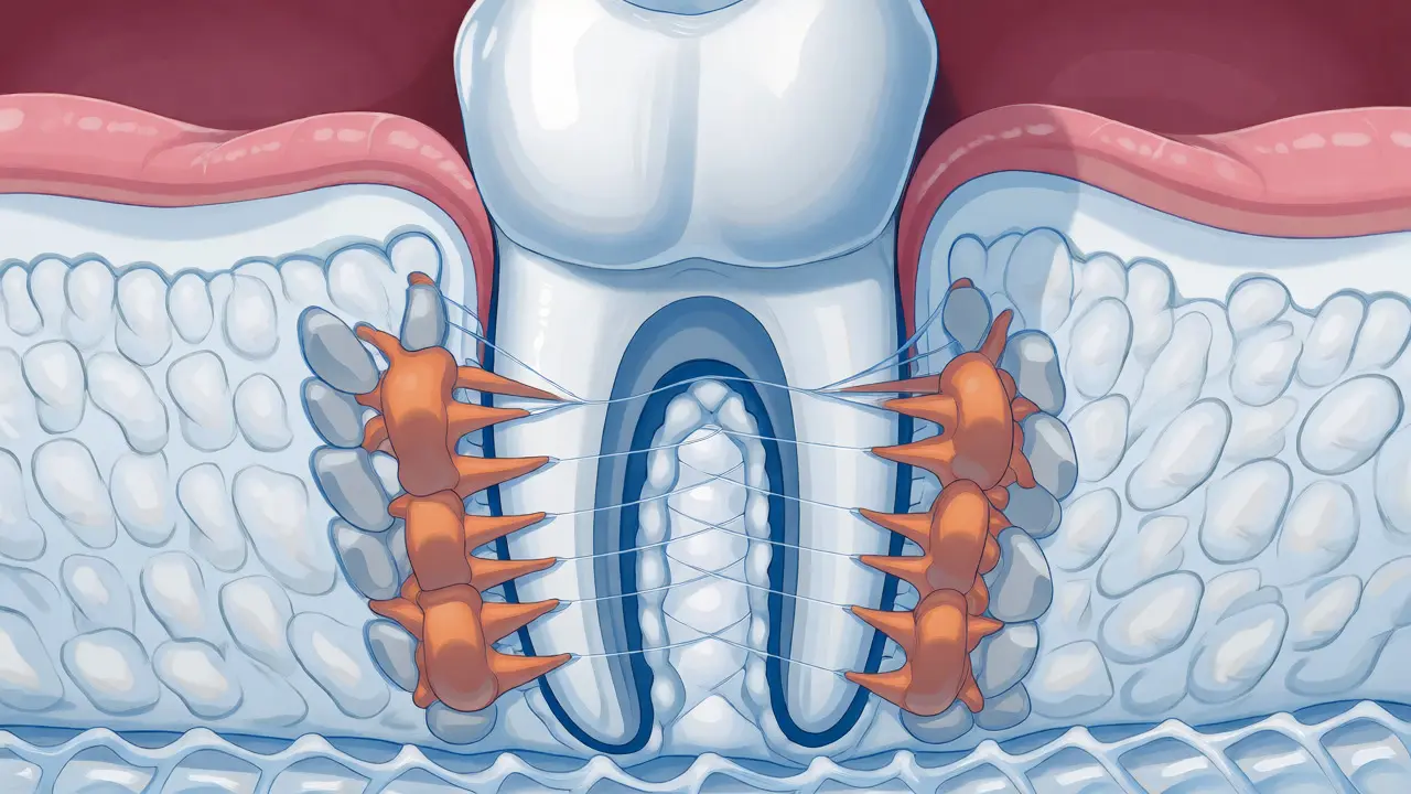 Ilustrace biologického procesu pohybu zubu v kosti při nošení rovnátek