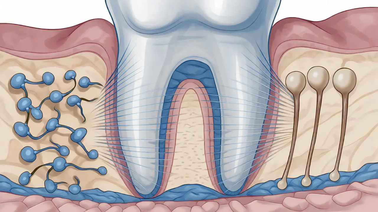 Ilustrace remodelace kosti kolem kořene zubu při nošení rovnátek