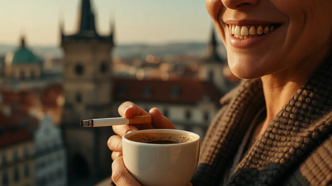 Kuřák s kávou ukazuje zbarvené zuby vyžadující odborné čištění