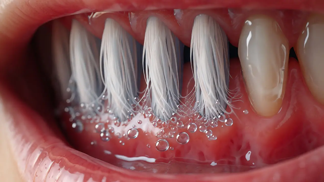 Makro pohled na jemné štětiny Curaprox čistící citlivé dásně s bublinkami