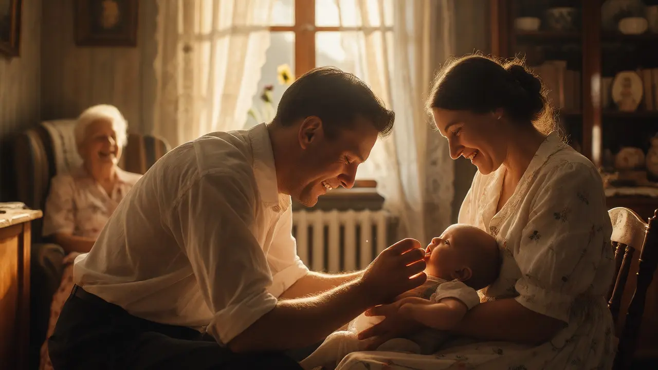 Otec objevuje první zub u svého dítěte za přítomnosti matky a babičky.