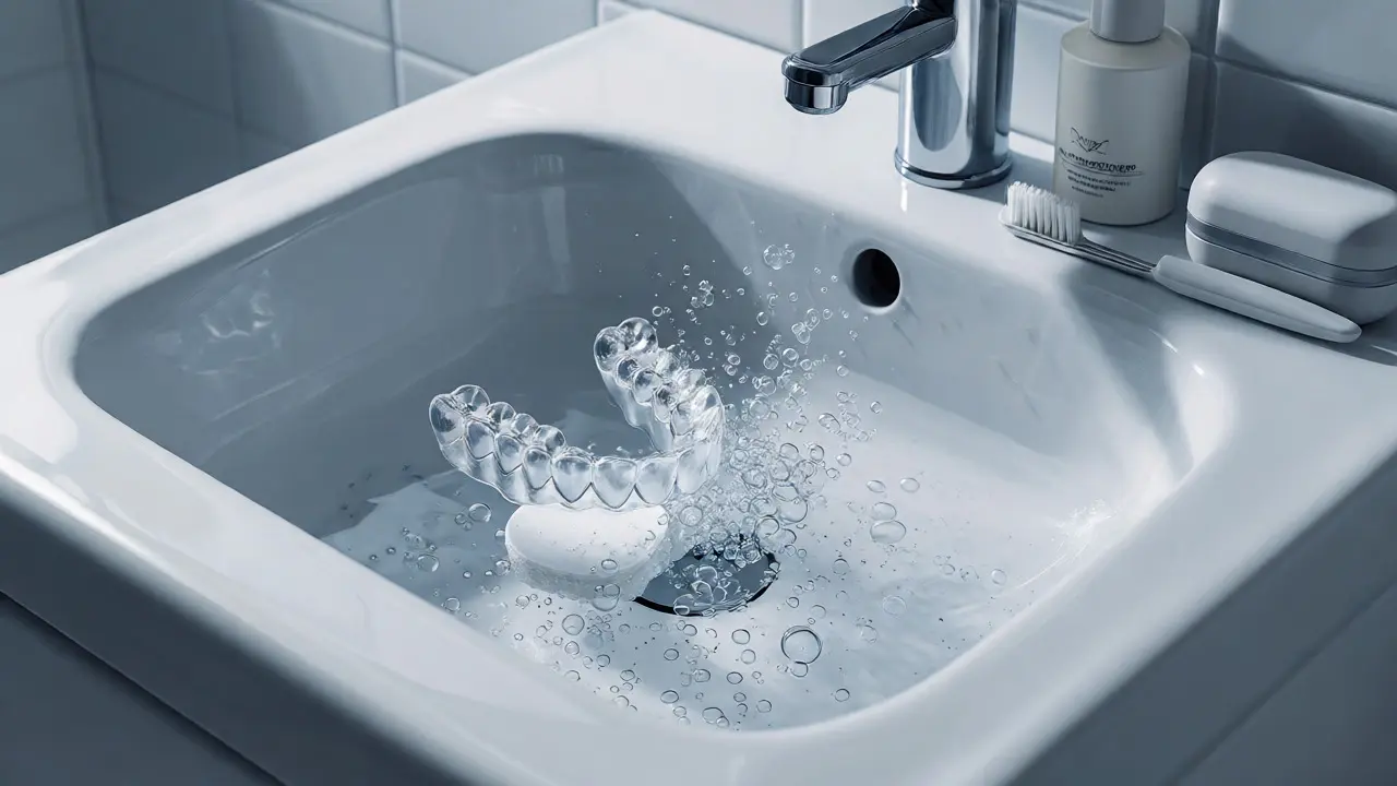 Průhledná rovnátka se čistí ve vodě s čisticí tabletou